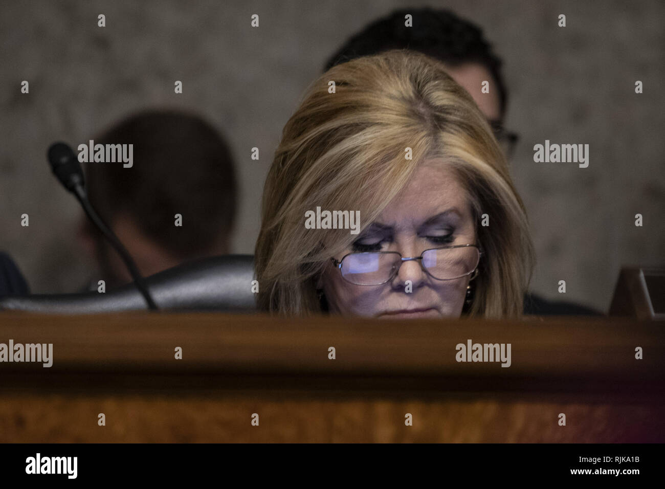 Washington, District of Columbia, USA. 6th Feb, 2019. Senator Marsha Blackburn, Republican of Tennessee, looks at her phone during a Senate Commerce Committee hearing on Capitol Hill in Washington, DC on February 6, 2019. Credit: Alex Edelman/CNP Credit: Alex Edelman/CNP/ZUMA Wire/Alamy Live News Stock Photo