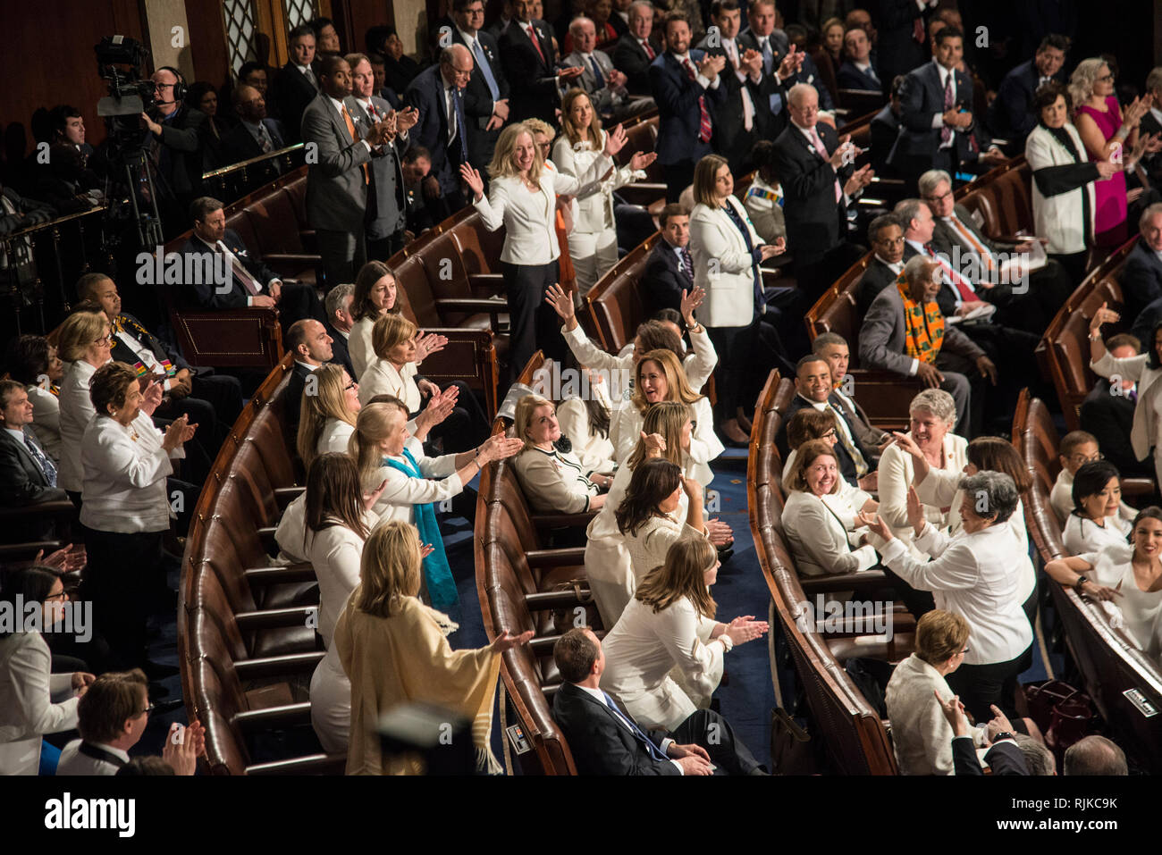 Washington, USA. 05th Feb, 2019. Washington DC, February 5, 2019, USA: Women Congressional Representatives cheer as President Trump congradulated them on their victory. President Donald J Trump gives his second State of the Union (SOTU) address as President. House Speaker Nancy Pelosi and Vice President Mike Pence sit behind him in the US Capitol House of Representatives. Credit: Patsy Lynch/Alamy Live News Stock Photo