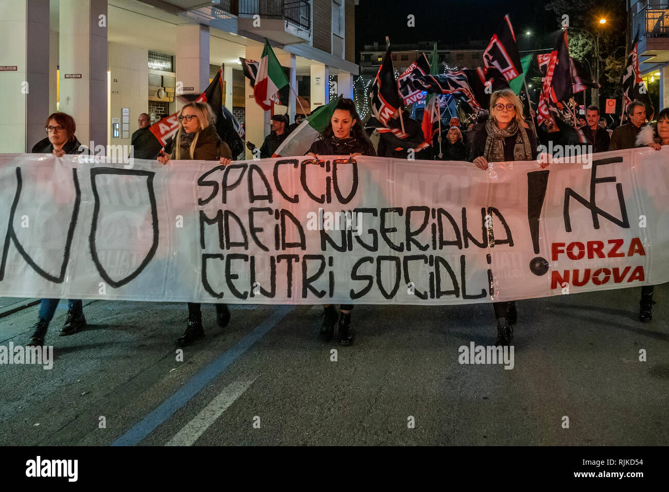 Mestre, Italy. 06th Feb, 2019. Protest of 'Forza Nuova' against 'Centri Sociali' and drug dealing in Mestre, Italy. Credit: Stefano Mazzola/Awakening/Alamy Live News Stock Photo