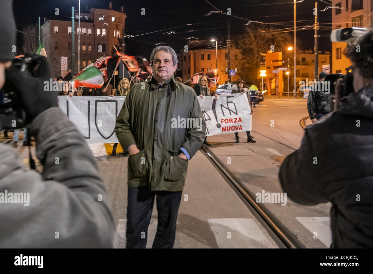 Mestre, Italy. 06th Feb, 2019. Protest of 'Forza Nuova' against 'Centri Sociali' and drug dealing in Mestre, Italy. Credit: Stefano Mazzola/Awakening/Alamy Live News Stock Photo