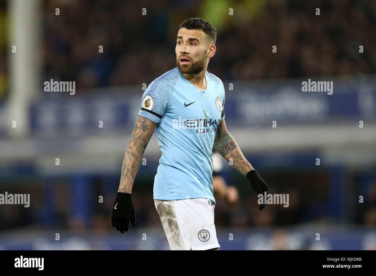 Liverpool, UK. 06th Feb, 2019. Nicolas Otamendi of Manchester City looks on. Premier League match, Everton v Manchester City at Goodison Park in Liverpool on Wednesday 6th February 2019. this image may only be used for Editorial purposes. Editorial use only, license required for commercial use. No use in betting, games or a single club/league/player publications. pic by Chris Stading/Andrew Orchard sports photography/Alamy Live news Credit: Andrew Orchard sports photography/Alamy Live News Stock Photo