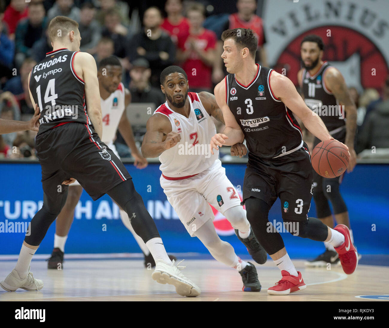 Lithuania, Lithuania. 6th Feb, 2019. Chris Kramer (front R) of Rytas  Vilnius competes during a Top 16 Round 6 match between Rytas Vilnius and AS  Monaco at 2018-2019 Eurocup basketball tournament in