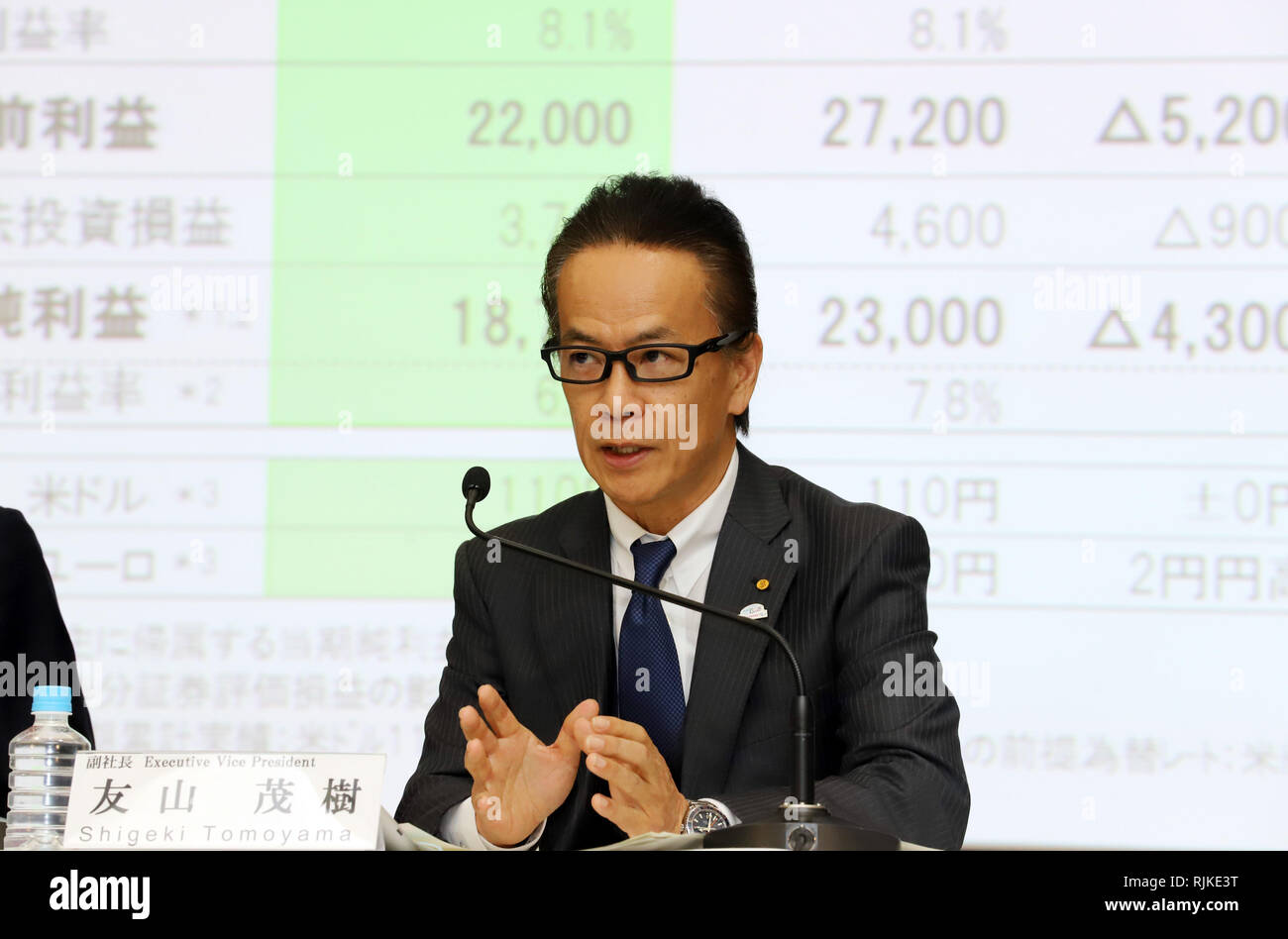 Tokyo, Japan. 6th Feb, 2019. Japan's automobile giant Toyota Motor executive vice president Shigeki Tomoyama announces the company's third quarter financial result ended December 31 in Tokyo on Wednesday, February 6, 2019. Toyota said net income for consolidated results forecast ended March 31 is expecting to decrease 25 percent to 1,870 billion yen. Credit: Yoshio Tsunoda/AFLO/Alamy Live News Stock Photo