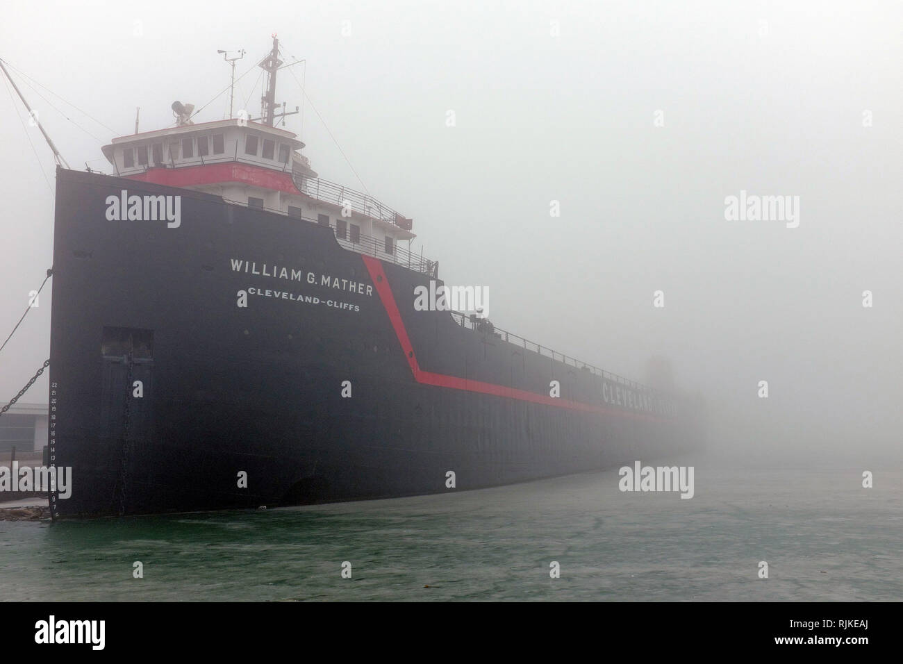 Cleveland, Ohio, USA. 6th Feb, 2019.  The William G. Mather Cleveland Cliffs ship is enshrouded in winter fog whie it sits in the iced-over North Coast Harbor. Credit: Mark Kanning/Alamy Live News. Stock Photo