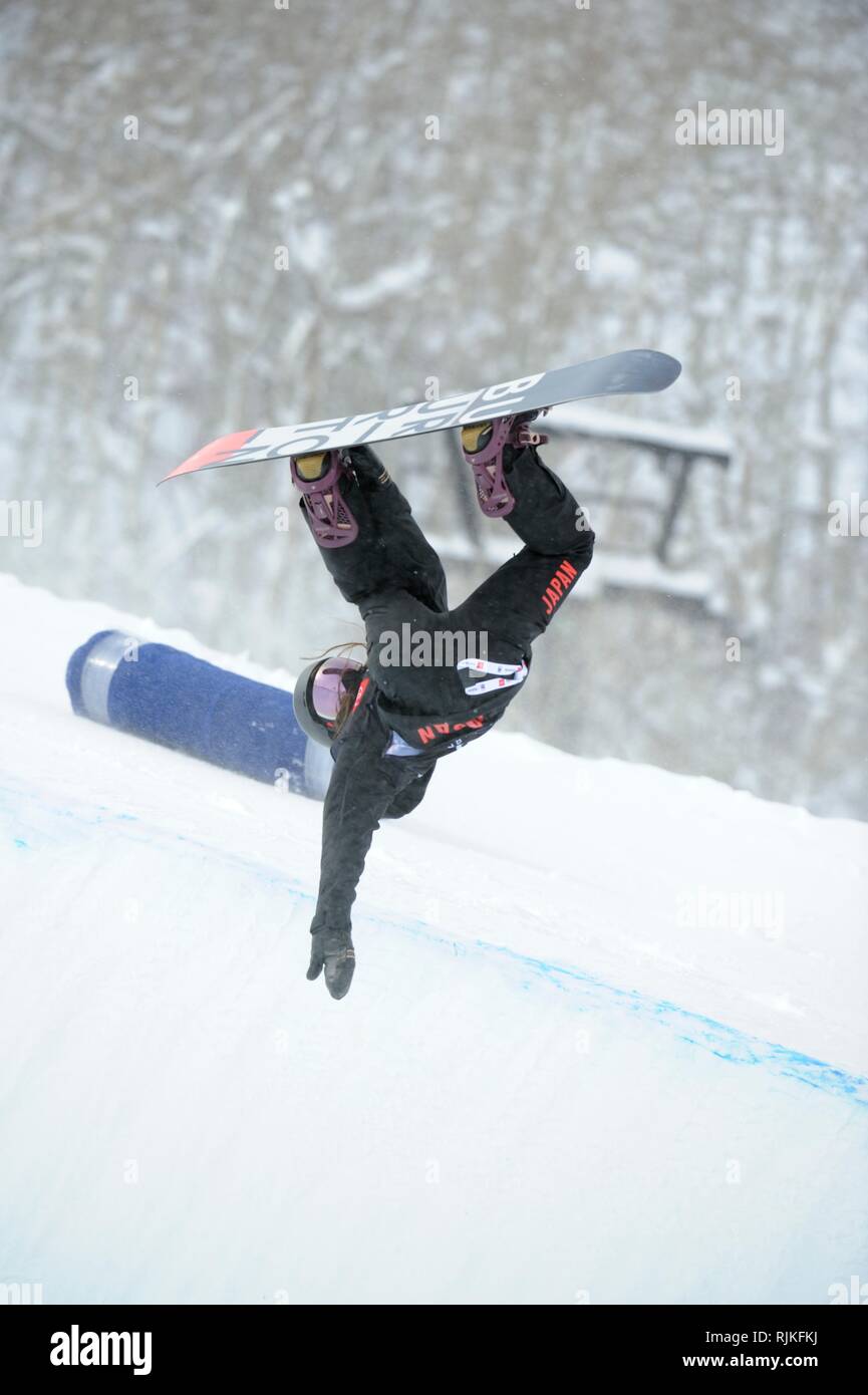 Japan's Hikaru Oe competes in the Women's Snowboard Halfpipe Qualification  during the FIS Snowboard World Championships 2019 at Park City Mountain  Resort in Park City, Utah, United States, February 6, 2019. Credit: