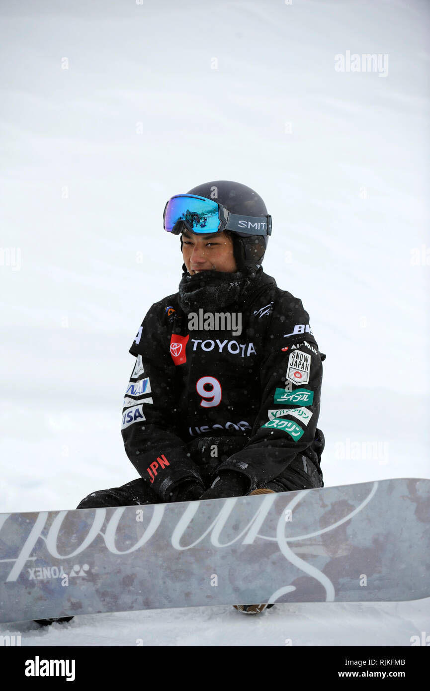 Japan's Ruka Hirano reacts after competing in the Men's Snowboard Halfpipe  Qualification Run 2 during the FIS Snowboard World Championships 2019 at  Park City Mountain Resort in Park City, Utah, United States,