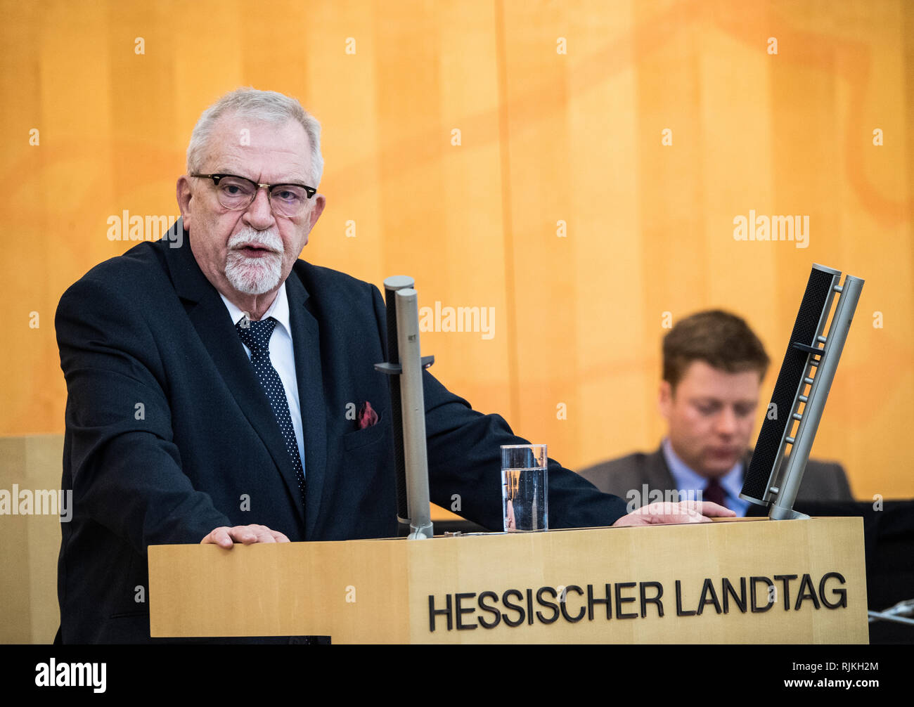 Wiesbaden, Germany. 05th Feb, 2019. Karl Hermann Bolldorf (AfD), deputy of his party in the state parliament of Hessen, speaks in parliament. Credit: Andreas Arnold/dpa/Alamy Live News Stock Photo