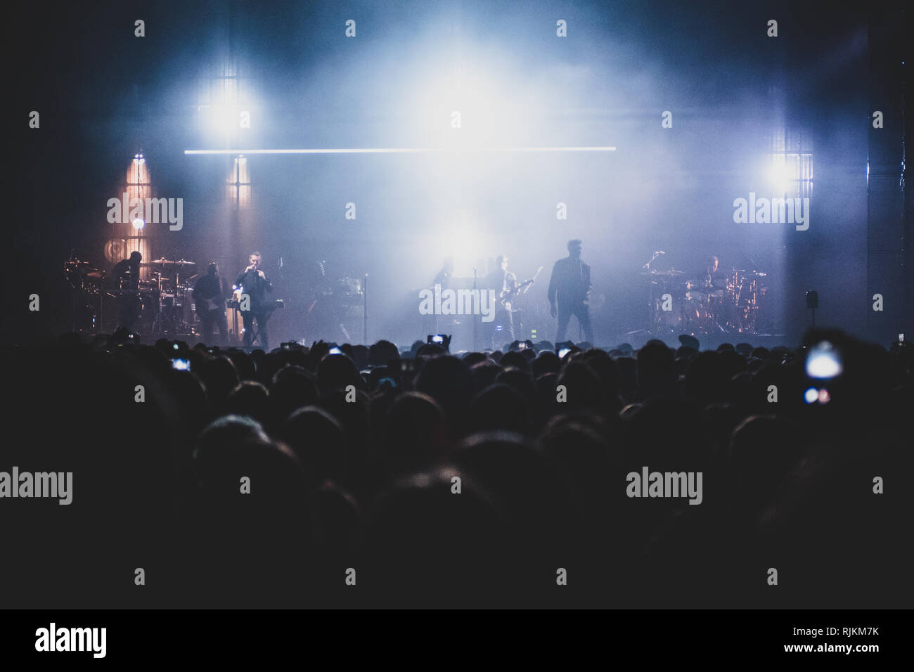 Milan, Italy. 6th February, 2019. The British trip hop group Massive Attack performing live on stage in Milan, at the Forum of Assago, for the 'Mezzanine' tour 2019 Credit: Alessandro Bosio/Alamy Live News Stock Photo