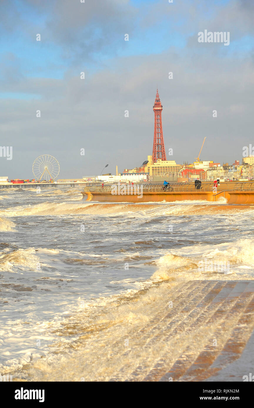 Blackpool, UK. 7th February 2019. A combination of strong winds and a high tide produced spectacular seas at Blackpool. Kev Walsh/ Alamy Live News Stock Photo