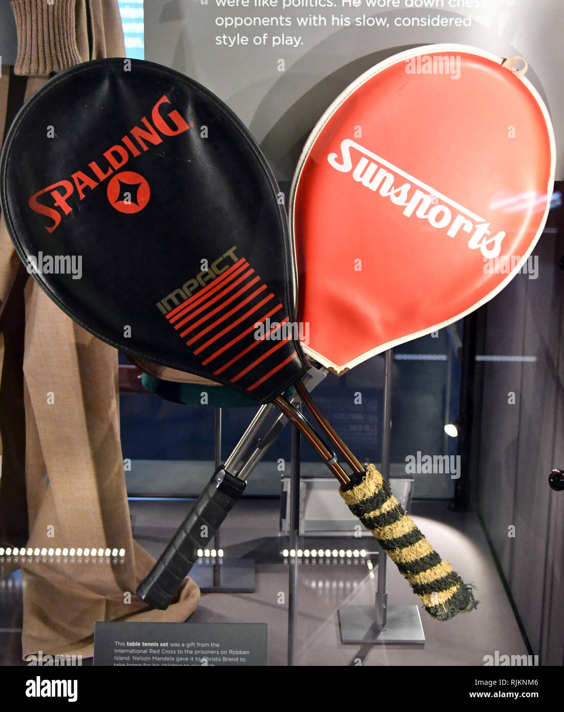 Mandela Racket Club London, UK. 7th Feb 2019. Nelson Mandela's personal tennis rackets with ...
