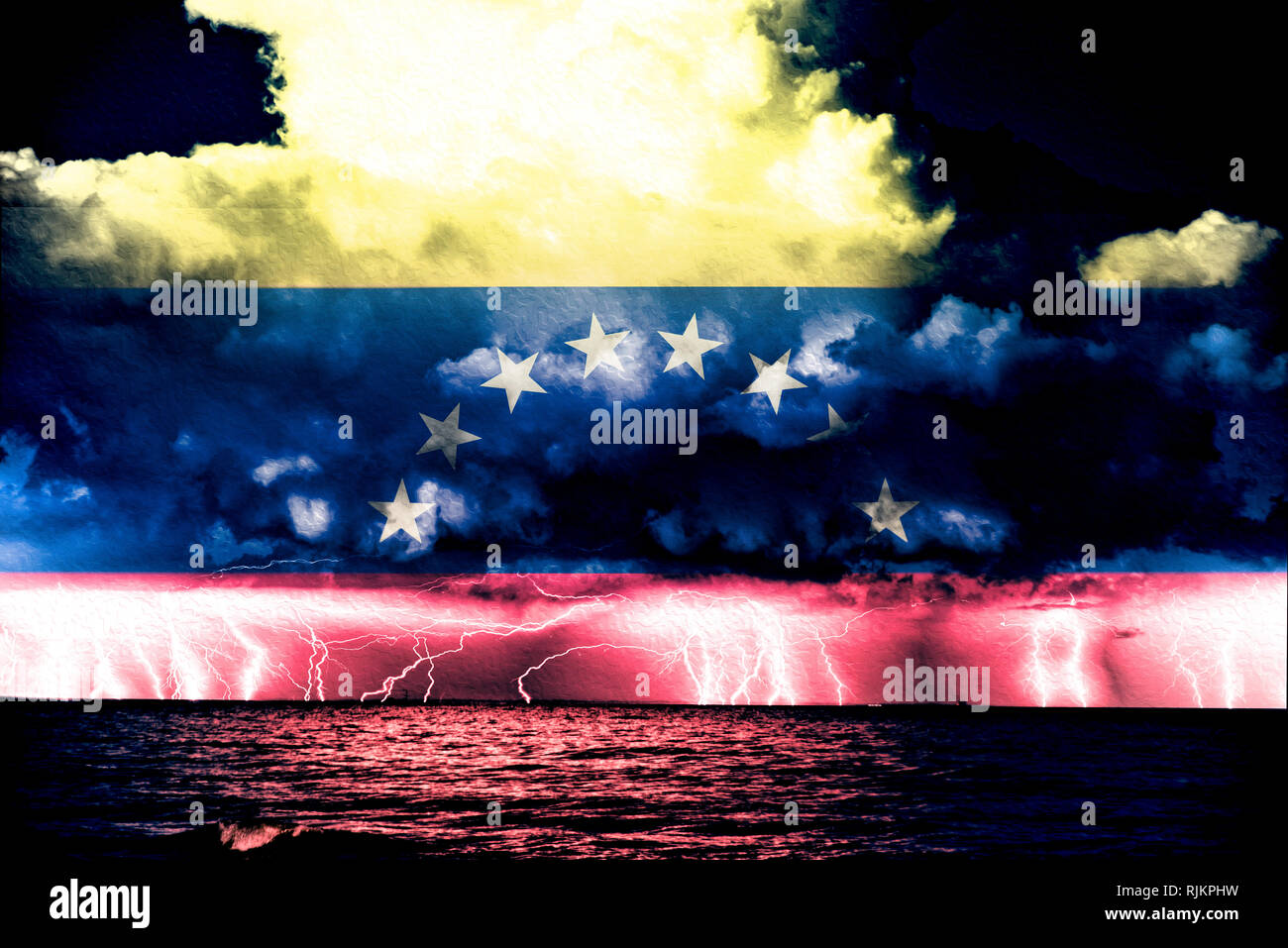Conflict between USA and Venezuela, conceptuall image witth a sea thunderstorm and the flag of venezuela a, ongoing conflic betwenne the two country Stock Photo