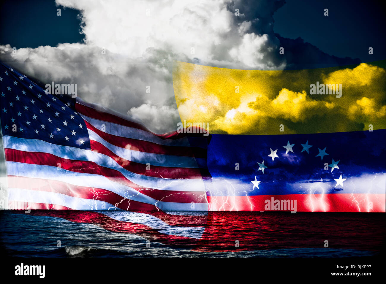 Conflict between USA and Venezuela, conceptuall image witth a sea thunderstorm and the flag of venezuela and usa, ongoing conflic betwenne the two cou Stock Photo