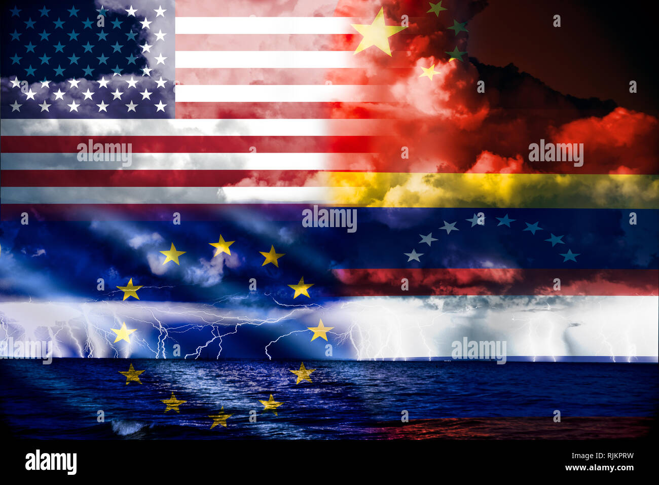 Ongoing conflict in venezuela,conceptuall image with a sea thunderstorm and the flag of venezuela,russia and china opposed to that of europe and usa,  Stock Photo