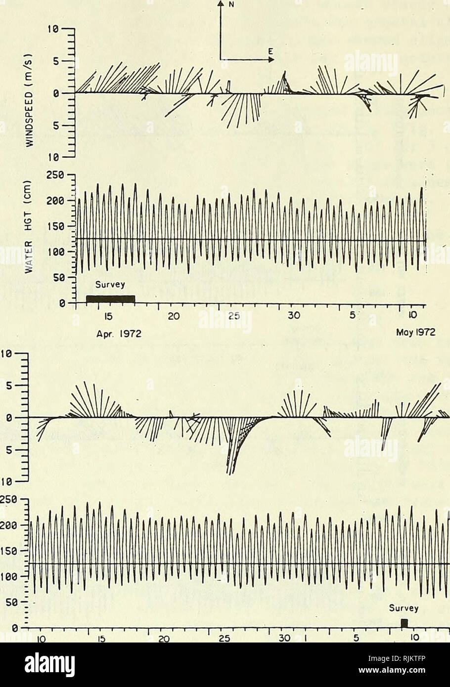 . Beach changes at Holden Beach, North Carolina, 1970-74. Coast changes; Shore protection. Figure 25. Wind velocity and water level recorded at Wilmington, North Carolina, 13 April-9 June 1972. 48. Please note that these images are extracted from scanned page images that may have been digitally enhanced for readability - coloration and appearance of these illustrations may not perfectly resemble the original work.. Miller, Martin C; Coastal Engineering Research Center (U. S. ). Fort Belvoir, Va. : The Center ; Springfield, Va. : National Technical Information Service, Operations Division [dist Stock Photo