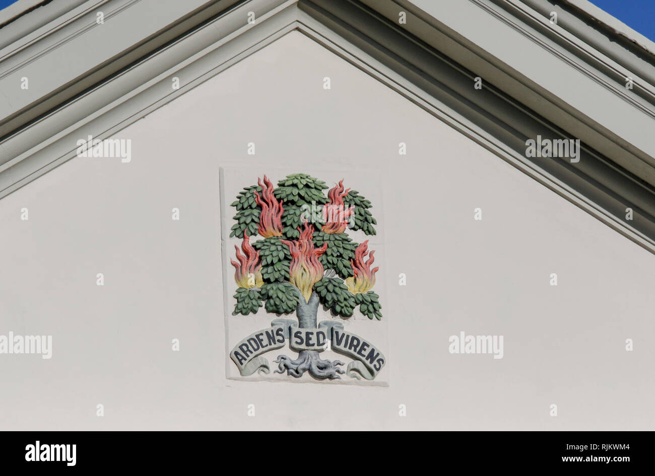 Ardens sed virens - logo and motto of the Presbyterian Church in Ireland. Stock Photo