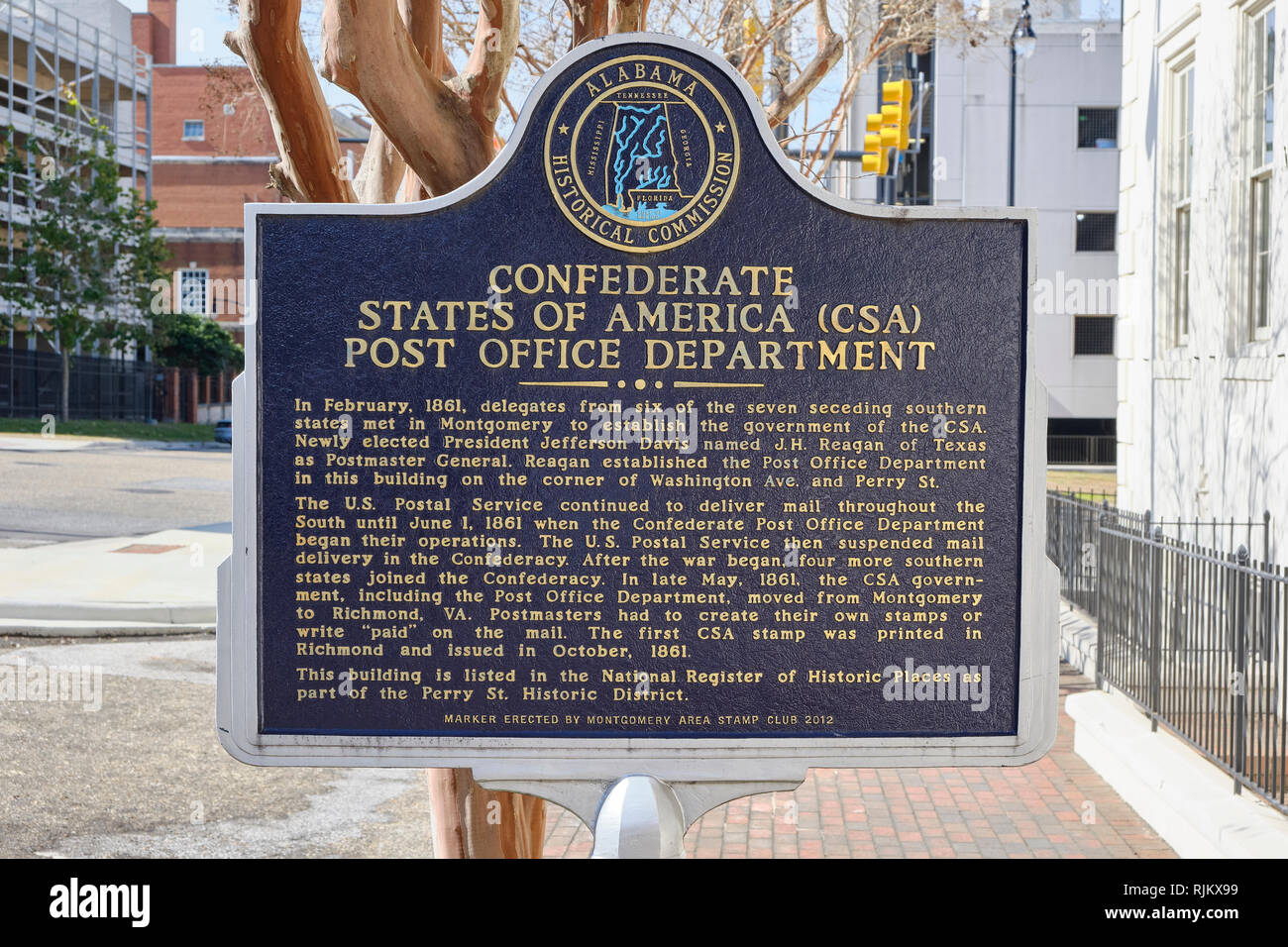 Historical marker for the Confederate States of America (CSA) Post Office Department in downtown Montgomery Alabama, USA. Stock Photo