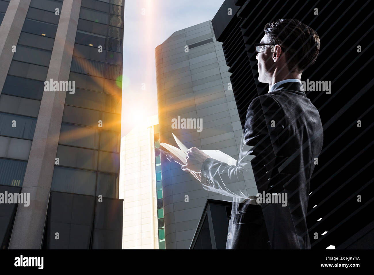 Double exposure of pensive businessman and modern city Stock Photo - Alamy