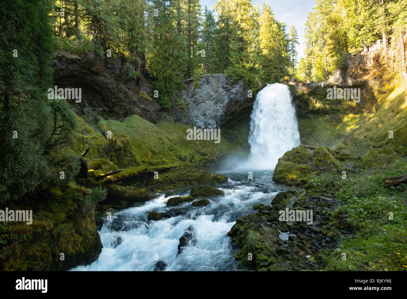 Hiking trails. Sahalie falls, Waterfall in Central Oregon along the McKenzie River in the Cascade Mountains Stock Photo