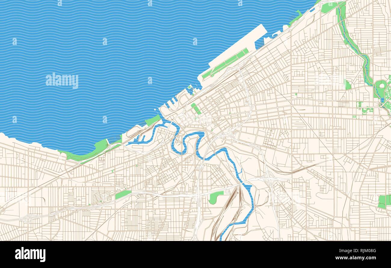 Cleveland Ohio printable map excerpt. This vector streetmap of downtown