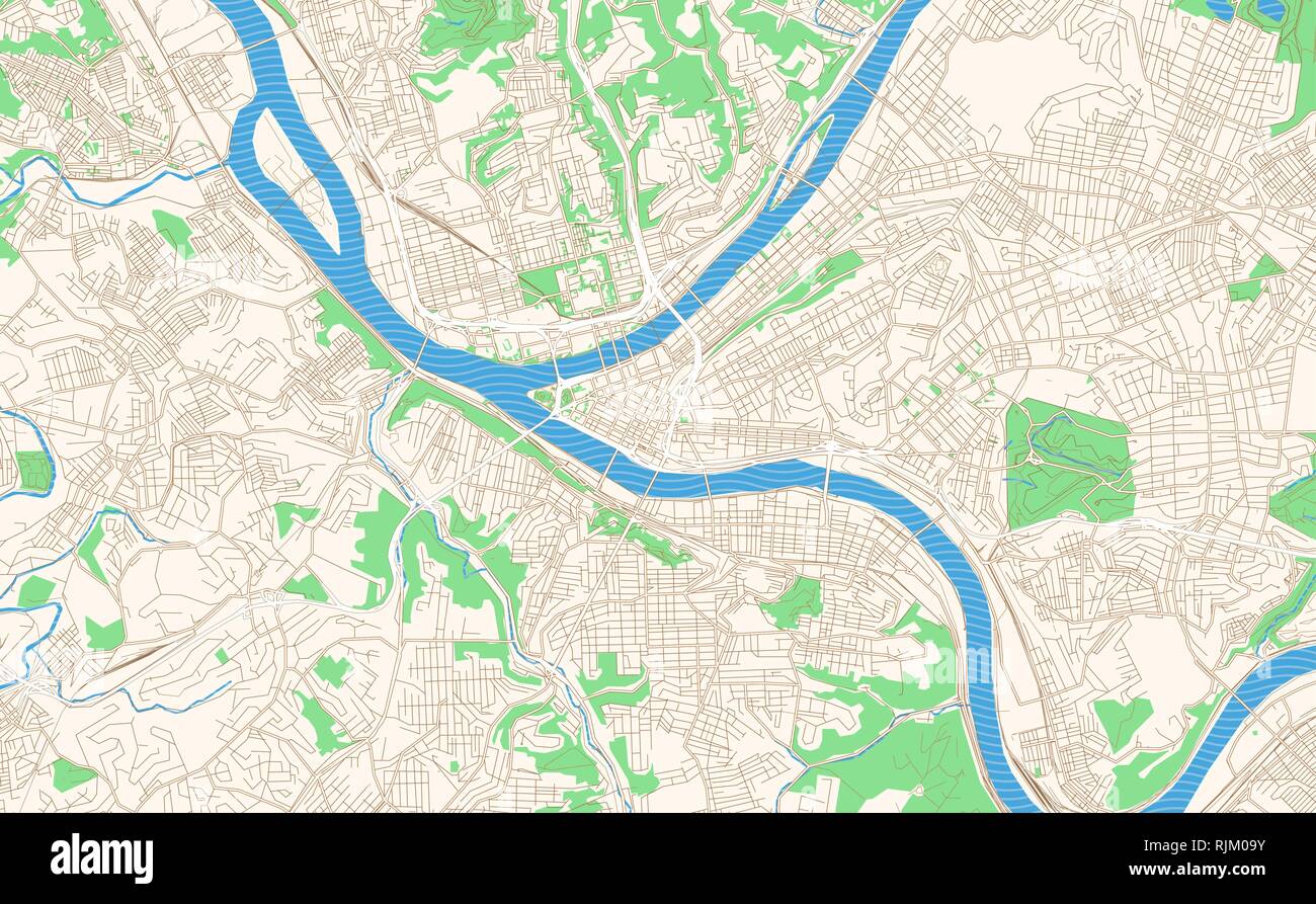 Pittsburgh Pennsylvania printable map excerpt. This vector streetmap of