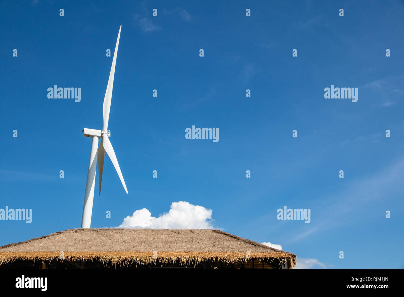 Close up wind turbine eco power with blue sky background Stock Photo ...