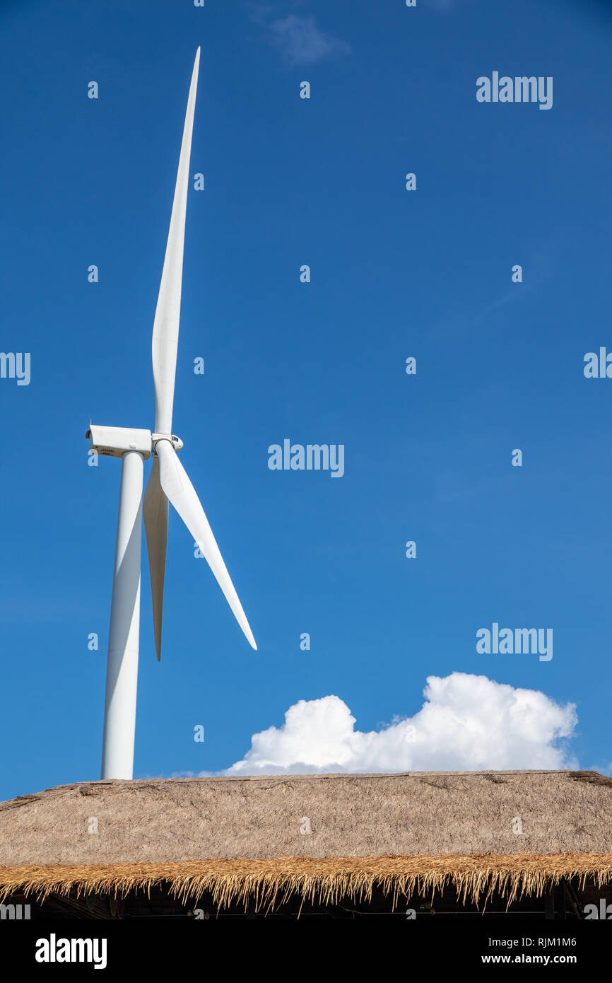 Close up wind turbine eco power with blue sky background Stock Photo ...