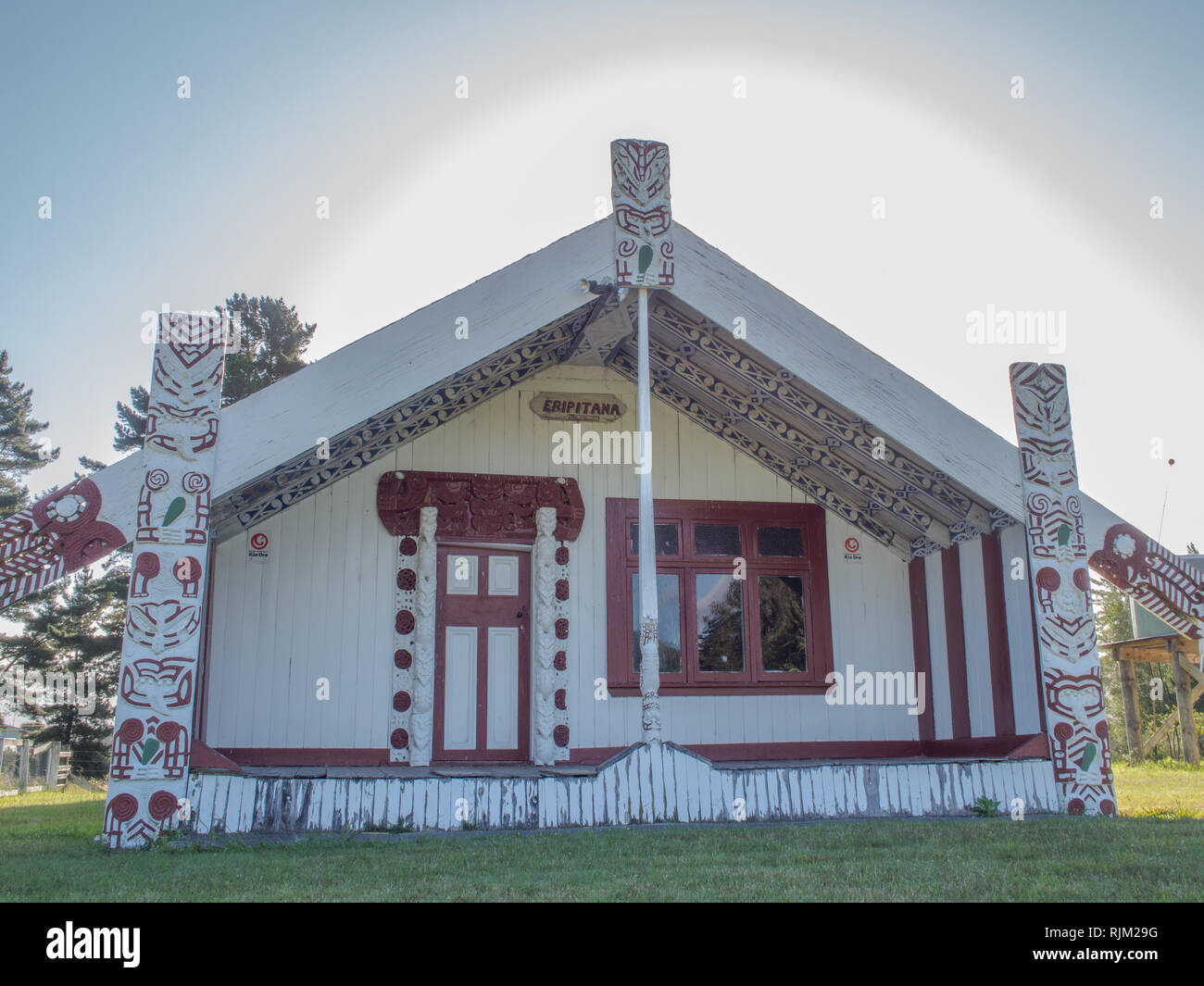 Carved house, Eripitana , Murumurunga marae, Te Whaiti, Te Urewera, North Island, New Zealand Stock Photo