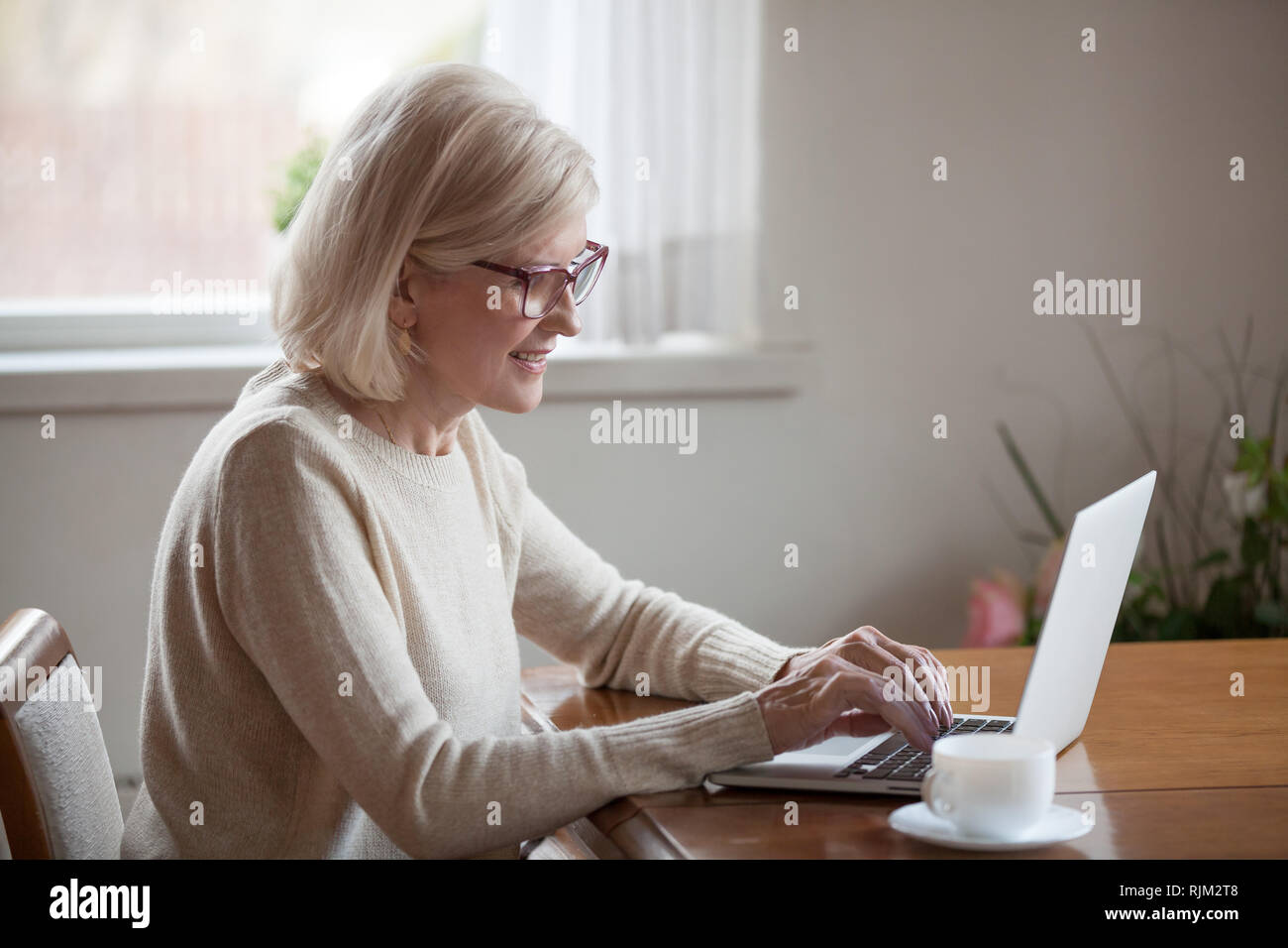 Satisfied mature woman typing message using notebook sitting at table Stock Photo