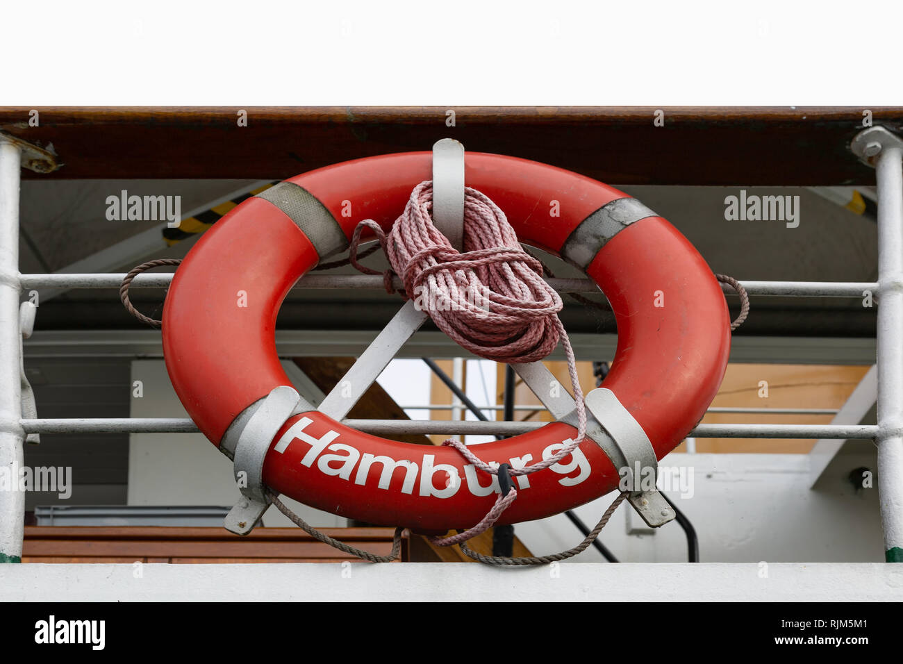 Lifebelt with rope and the inscription 'Hamburg' no brand, no trademark, only name of a town! Stock Photo