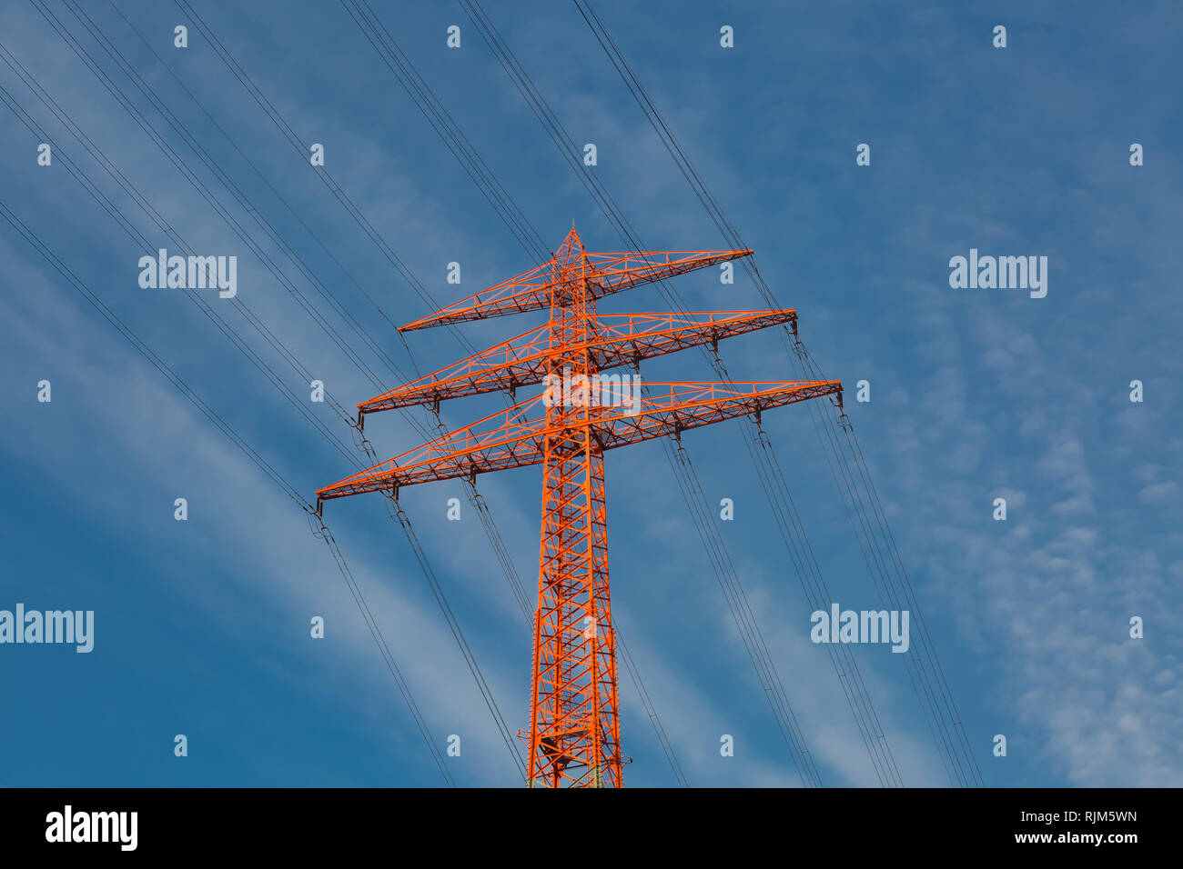 Transmission tower with power lines Stock Photo