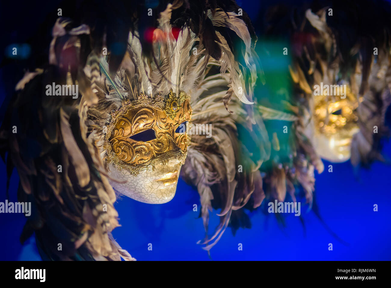 Venetian masks for carnival in Venice, Italy. Venice carnival masks at night Stock Photo