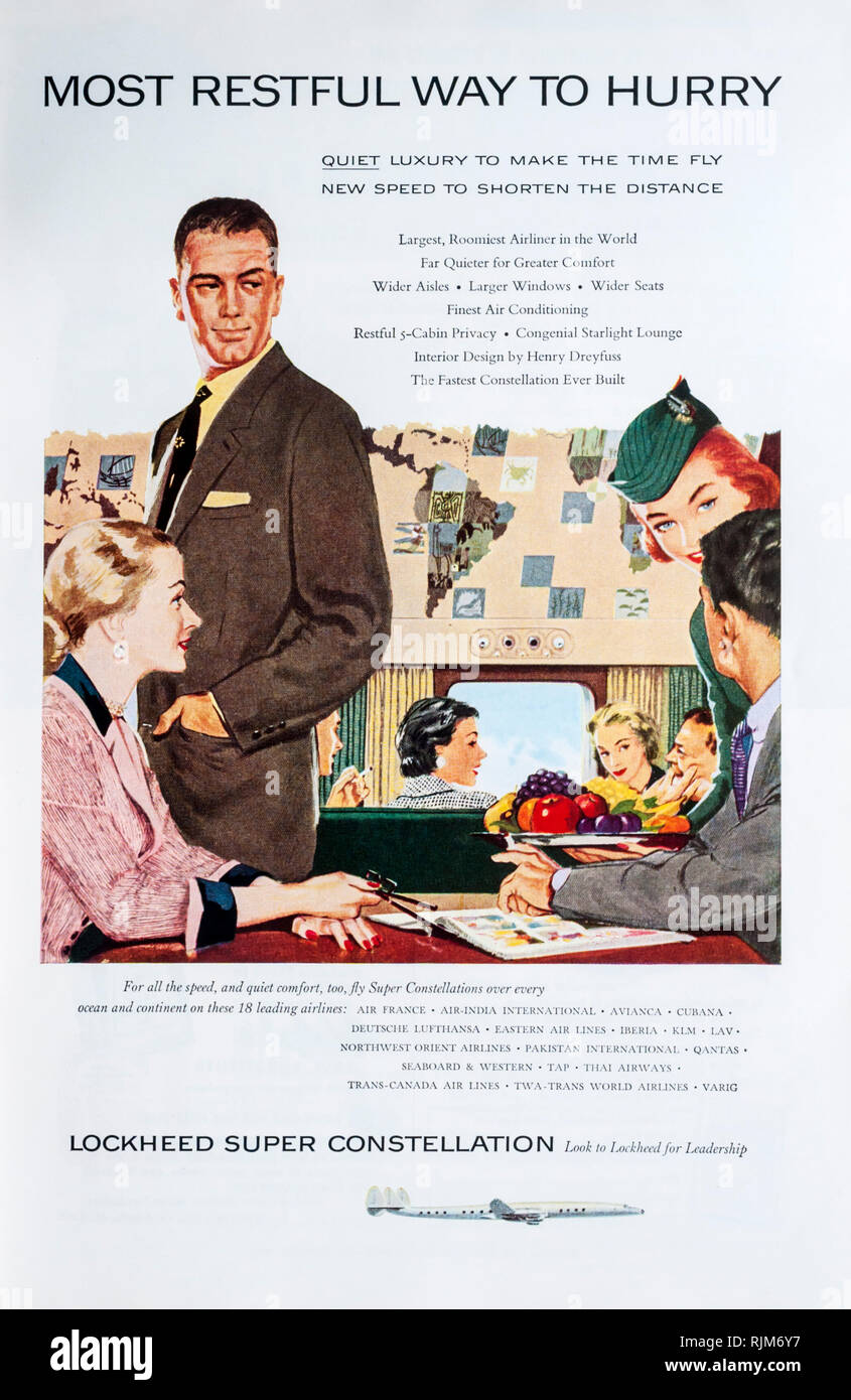 A 1955 magazine advertisement for the Lockheed Super Constellation aeroplane. Stock Photo