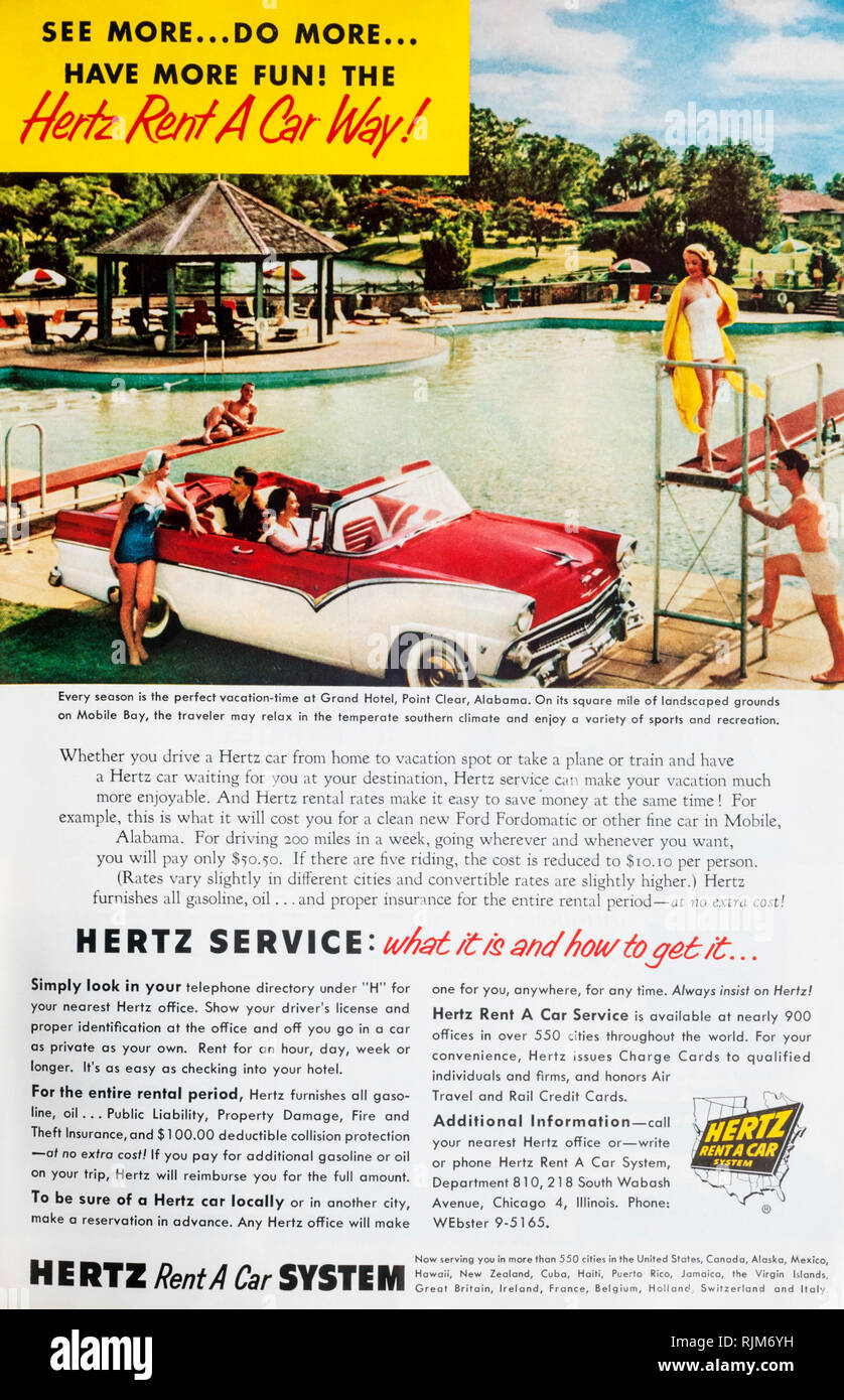 A 1955 magazine advertisement for Hertz Rent a Car. Stock Photo