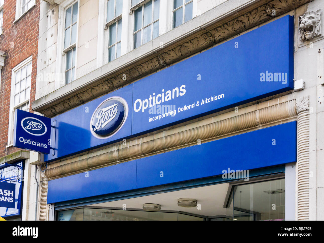 Sign on a branch of Boots Opticians in Bromley High Street, South London. Stock Photo