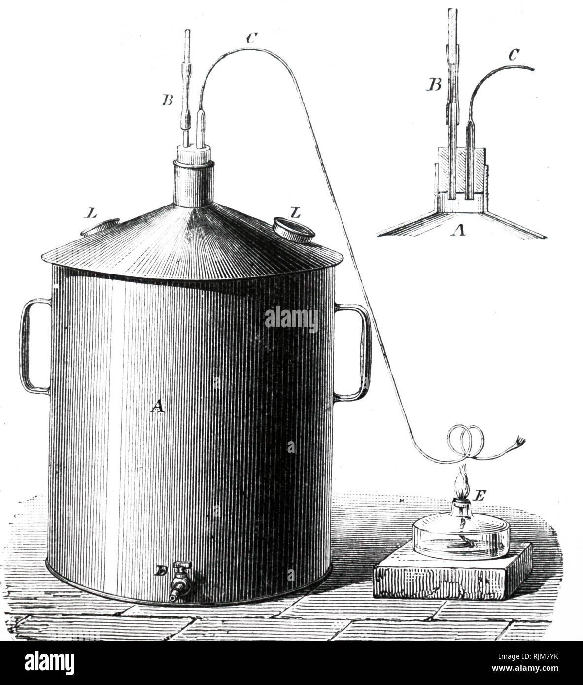 An engraving depicting a can and stopper used for preparing yeast for brewing by Pasteur's method. Dated 19th century Stock Photo