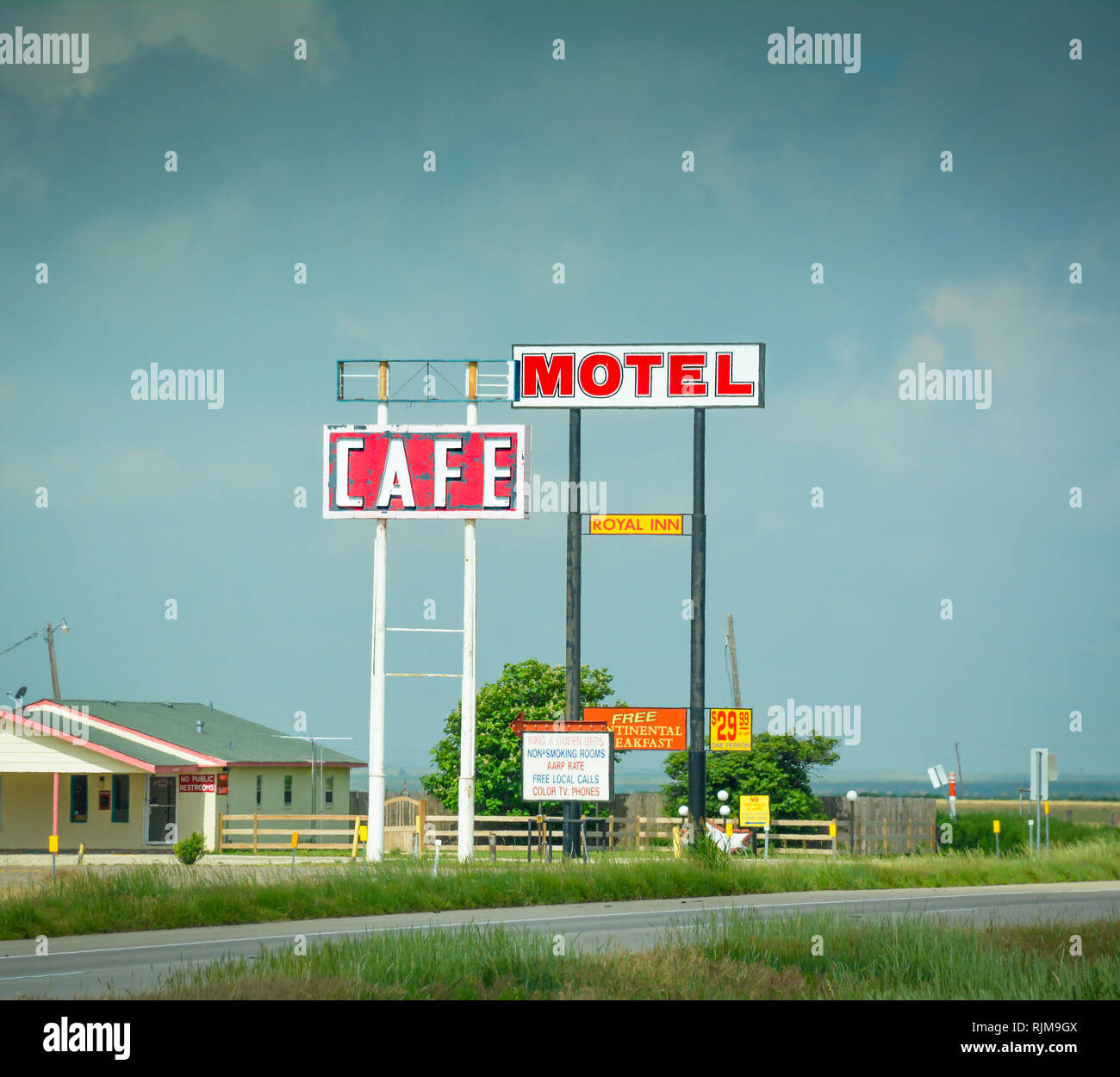 A vintage couple of signs for the roadside Motel and Cafe off of Route 66 in Texas Stock Photo