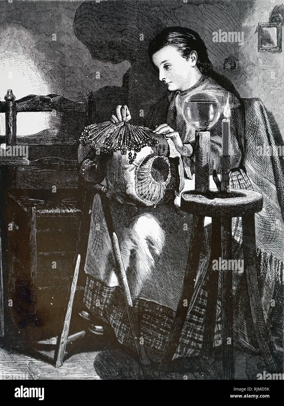 Illustration showing making pillow lace. The light of the candle is condensed by passing it through a. glass globe filled with water. From The Graphic, London, 1871 Stock Photo