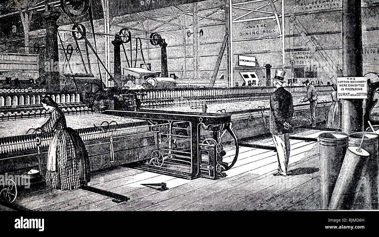 Illustration showing mules for spinning cotton. These machines are steam powered, the power being transferred from the steam engine by means of shafts and belt drives. 1898. Stock Photo