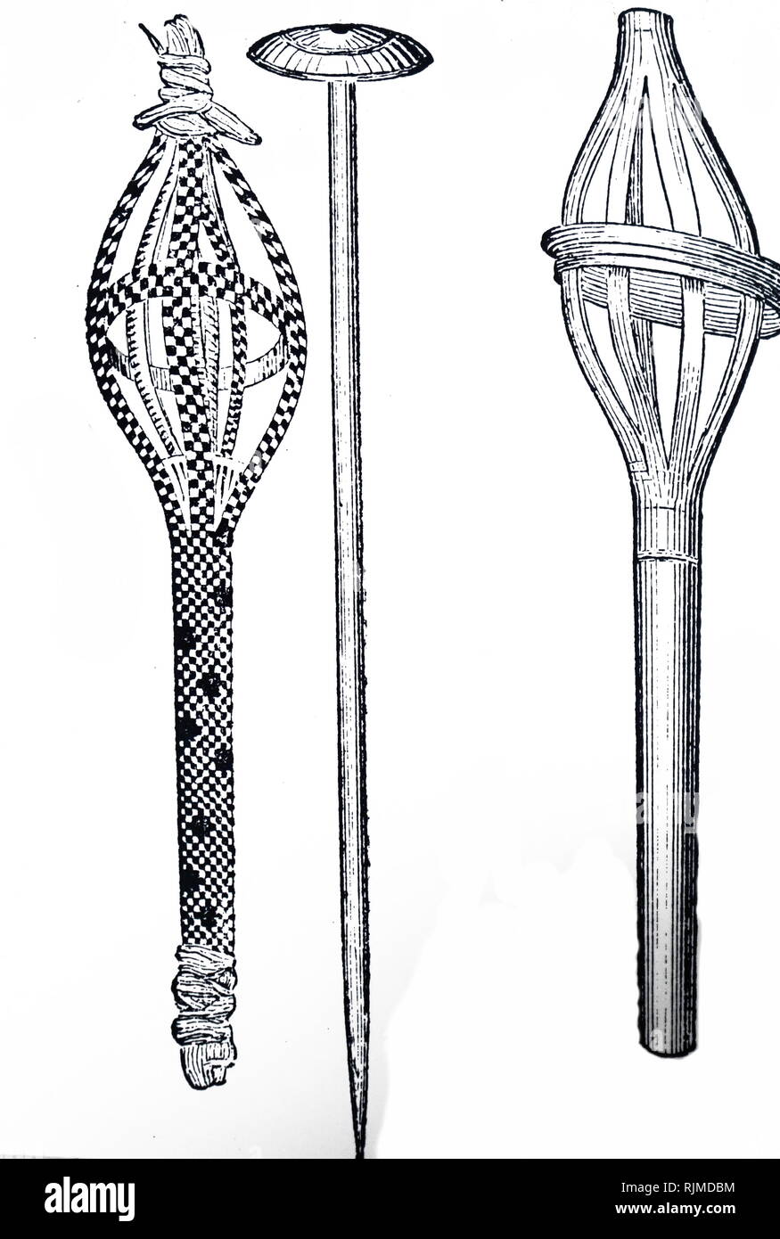 Illustration showing Egyptian spindles of cane and wood, weighted with gypsum 1880 Stock Photo