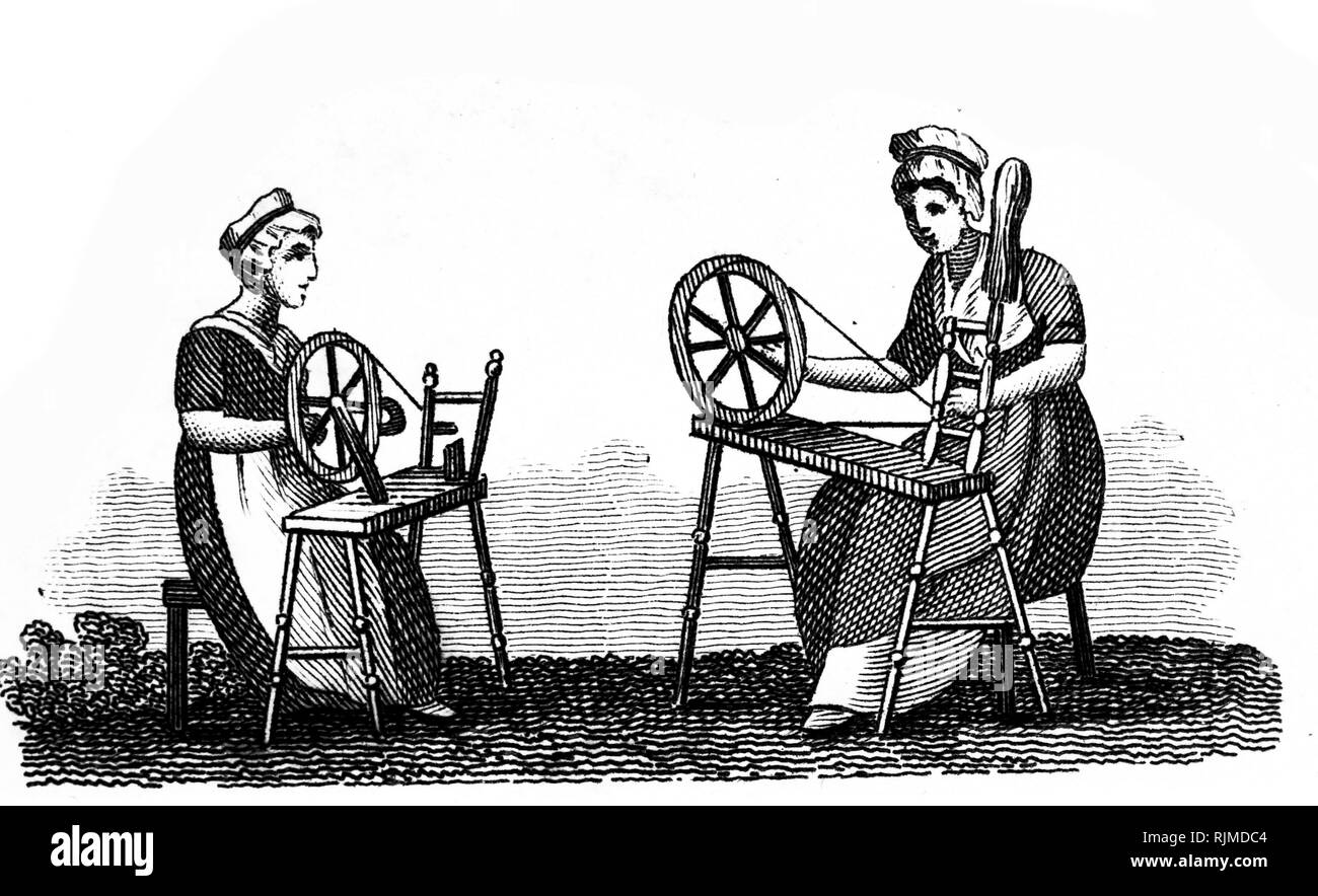 Illustration showing Women spinning wool 1825 Stock Photo