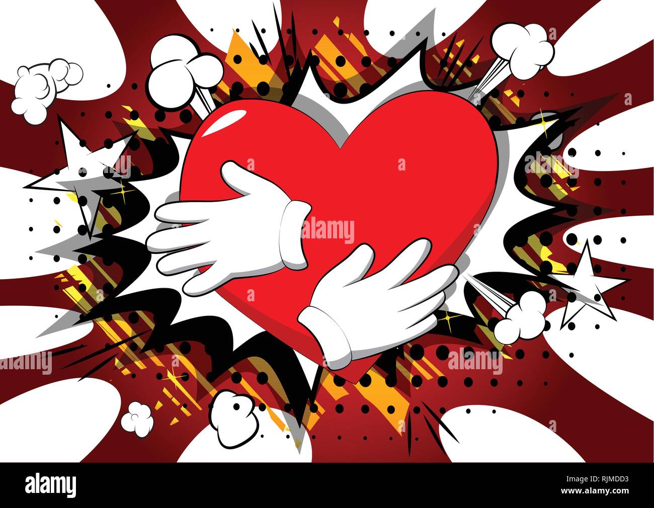 Vector cartoon hand hugging red heart. Illustrated sign on comic book ...