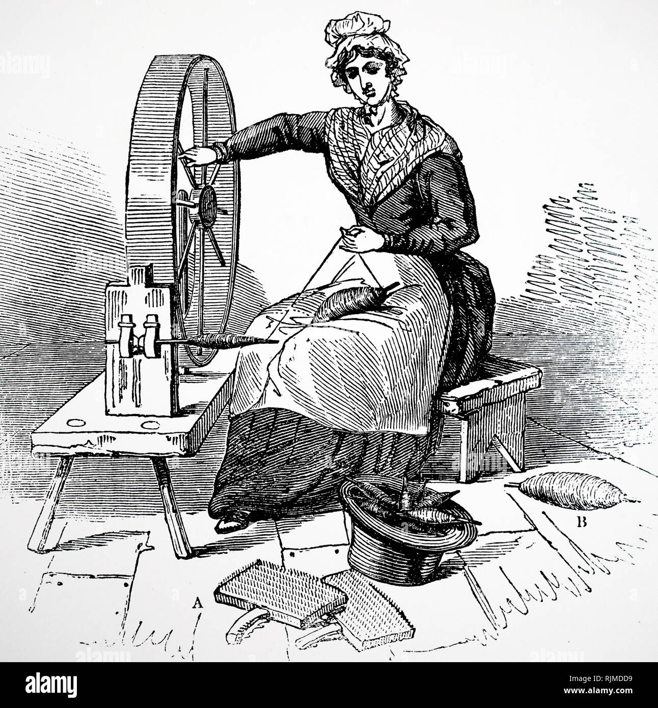 Illustration showing the Jersey spinning wheel. 1836 Stock Photo