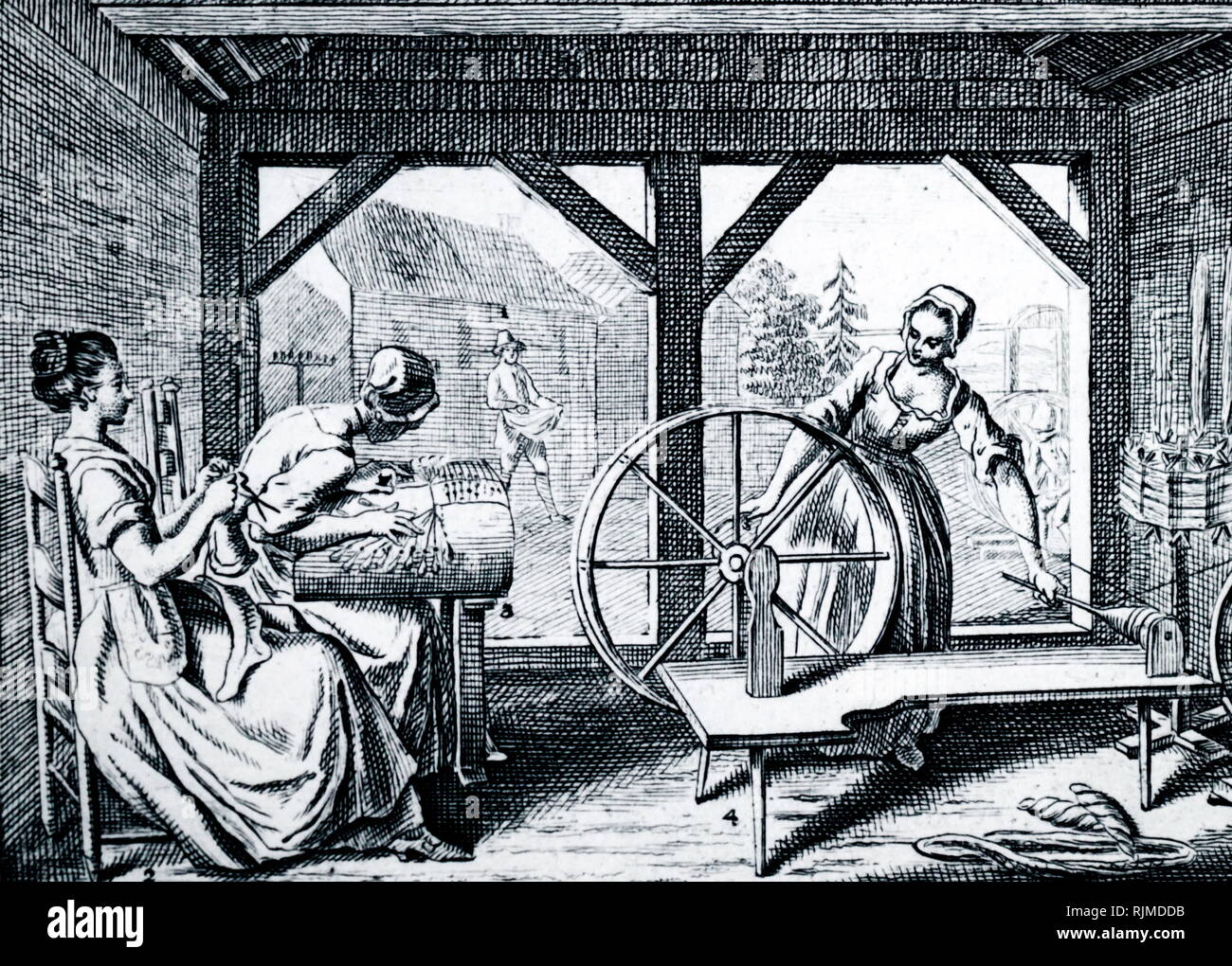 Illustration showing Women KNITTING, making PILLOW LACE and SPINNING. Engraving after Daniel Nicolas Chodowiecki (1726-1801) the Hogarth of Germany. Stock Photo
