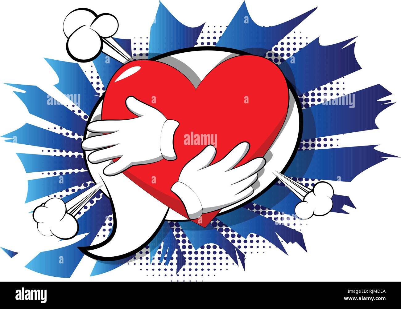 Vector cartoon hand hugging red heart. Illustrated sign on comic book ...