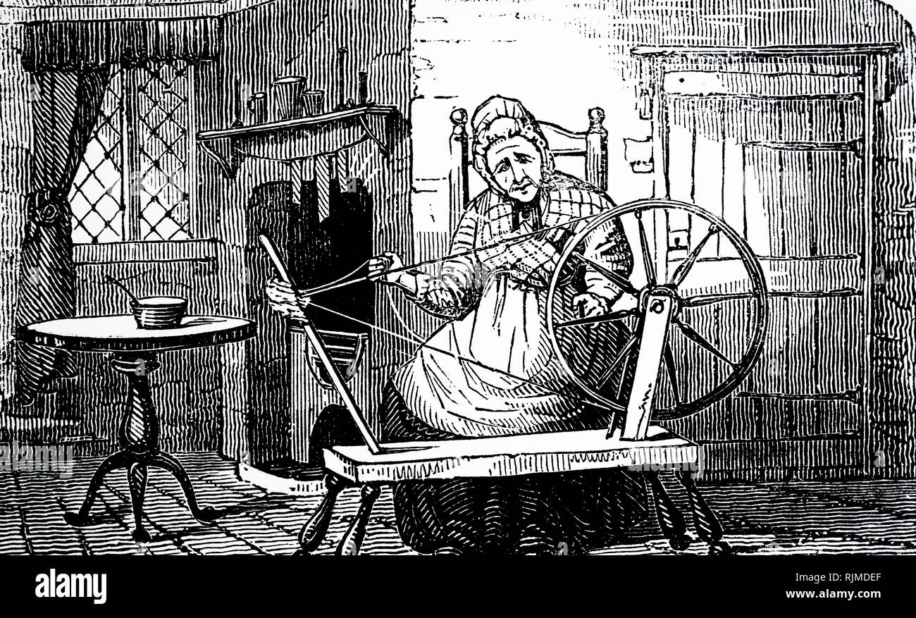 Illustration showing Cottager spinning in her living room 1836 Stock Photo