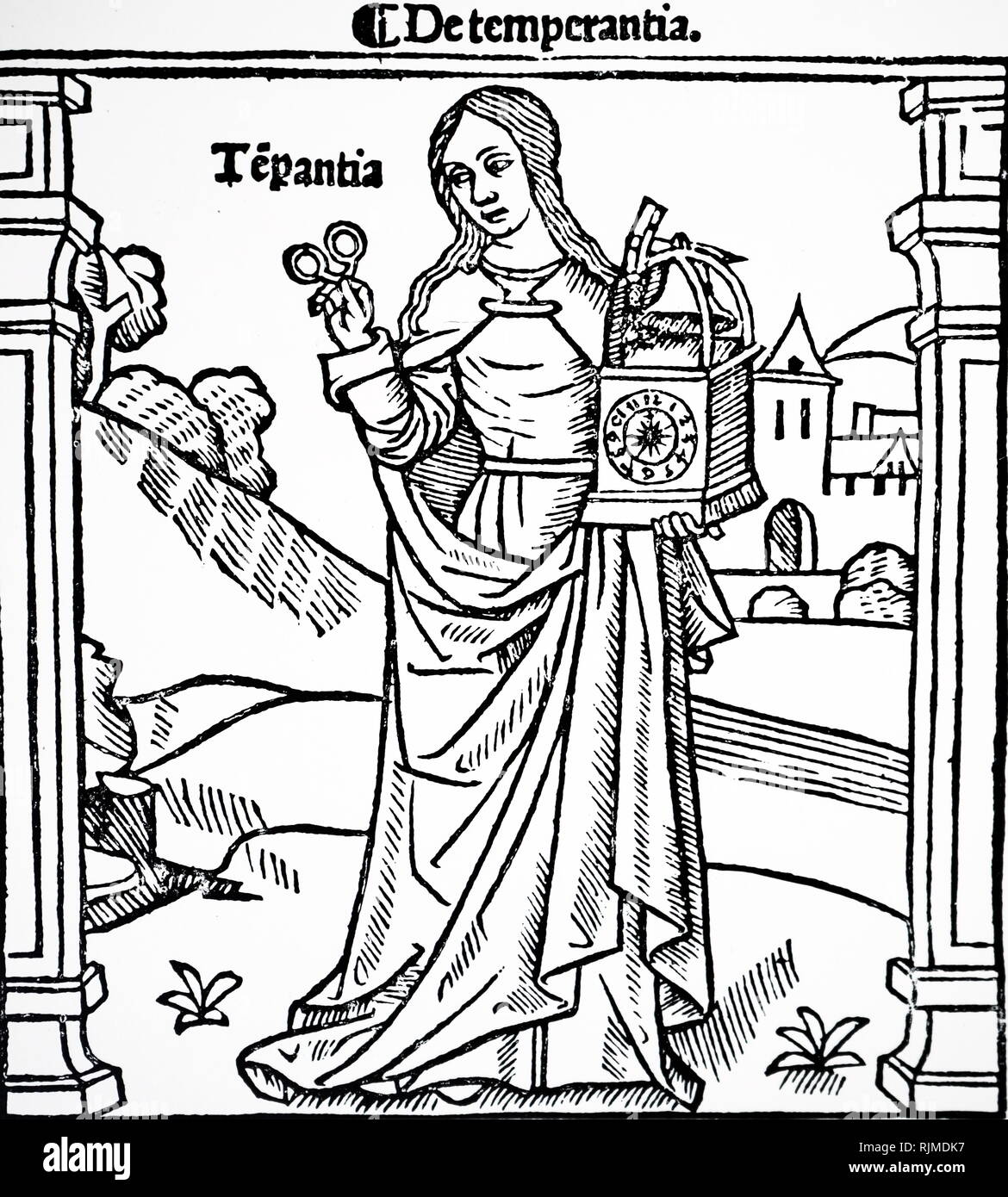 Illustration showing Time shown holding a clock and also spectacles. From a late fifteenth or early sixteenth century woodcut Stock Photo