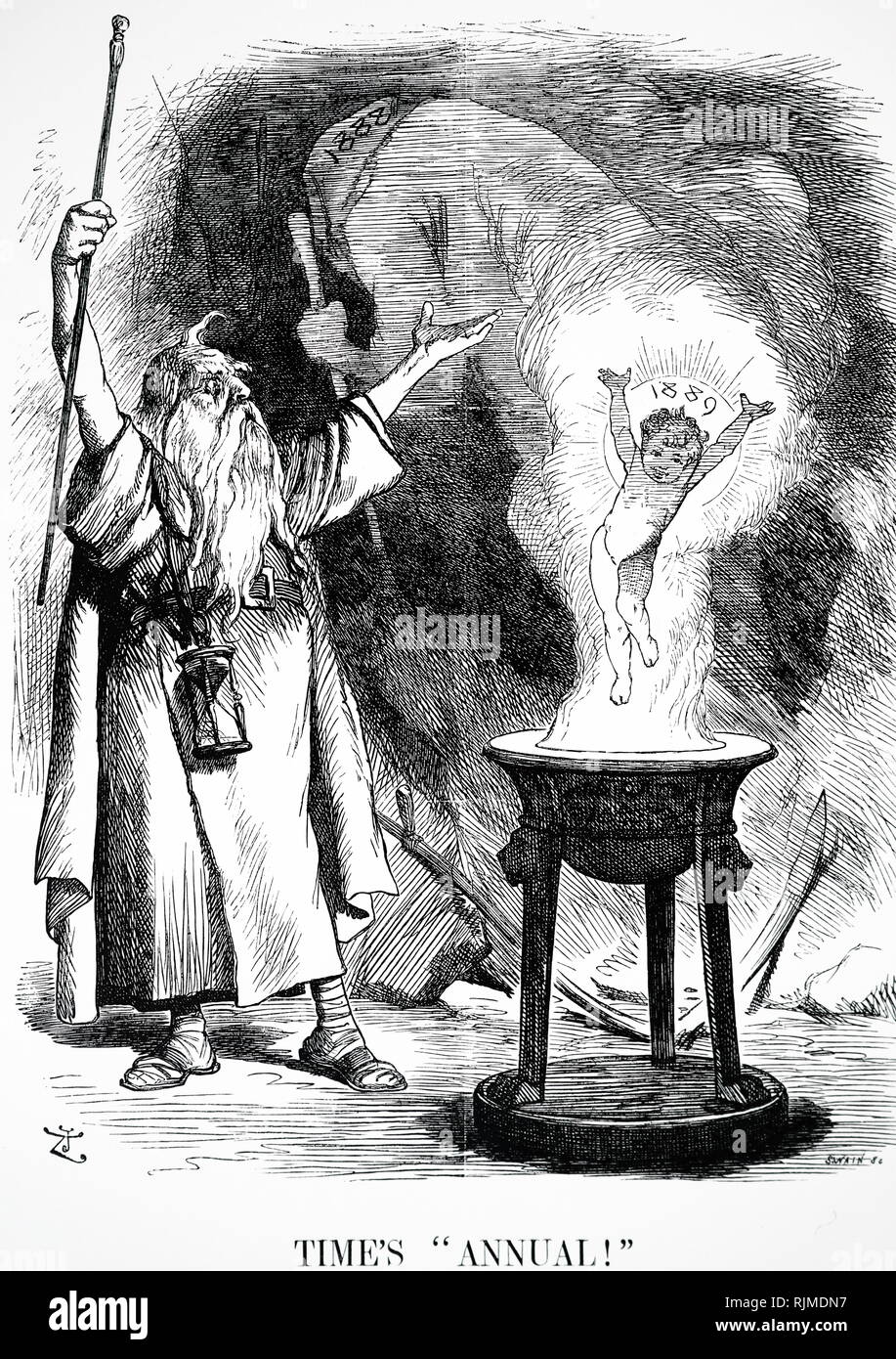 Old Father Time summoning up the new year for 1889, while the figure of old 1888 creeps away in the background. 1889 Stock Photo