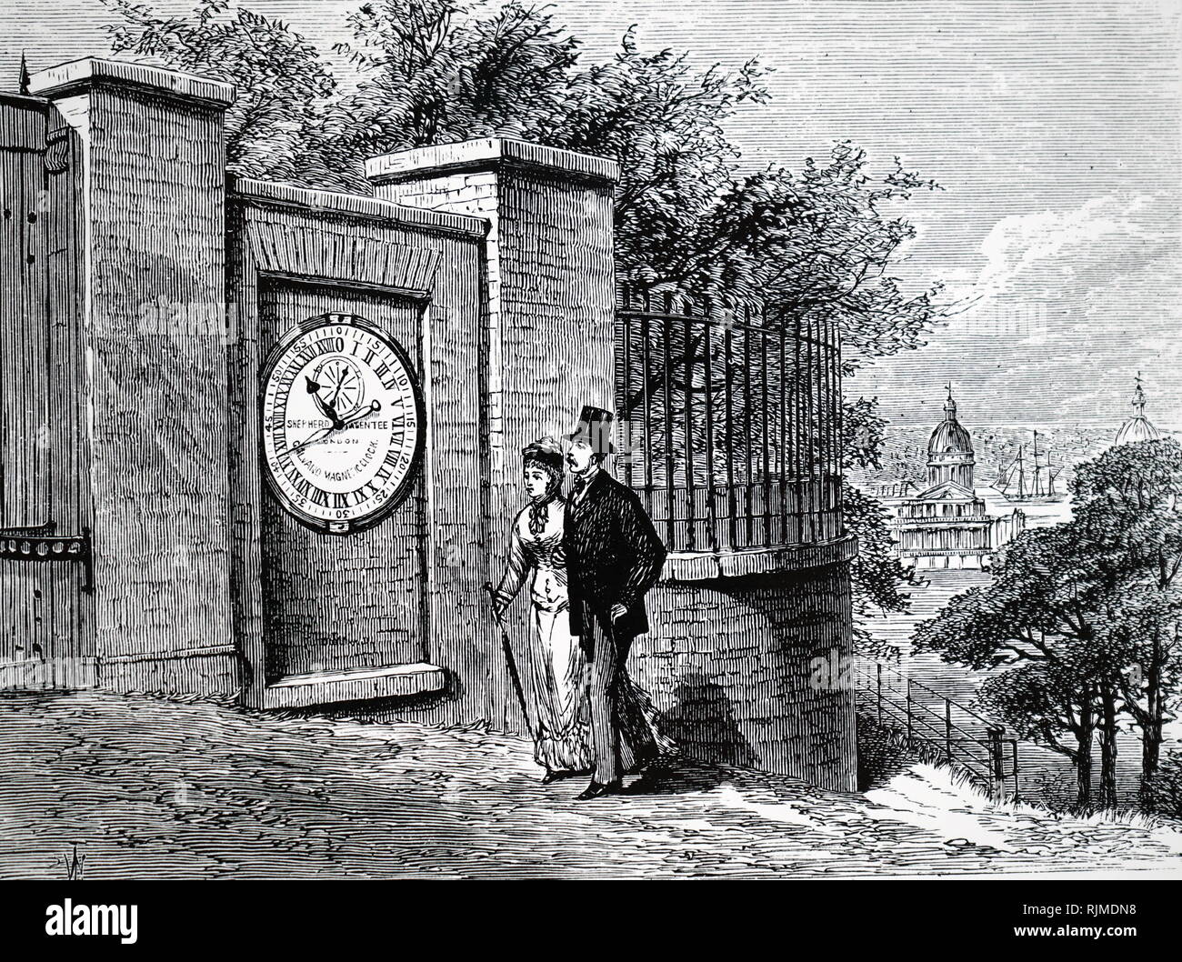 Illustration showing The public electric clock installed by Airy at the gate of the Royal Greenwich Observatory (Flamsteed House). 1881 Stock Photo