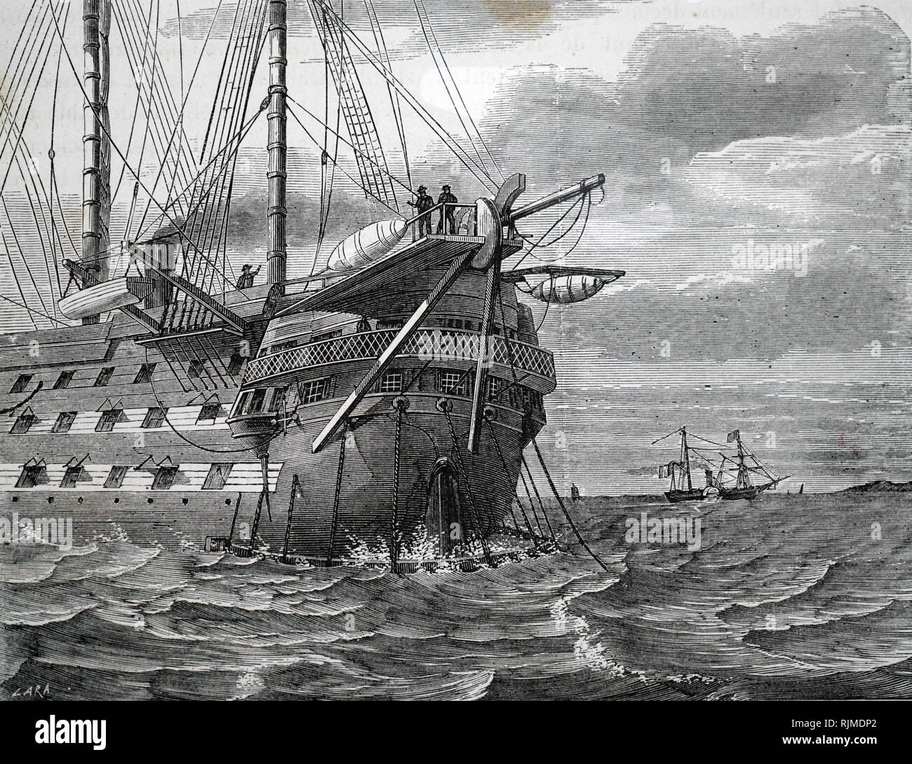 Illustration showing HMS AGAMEMNON laying the Atlantic telegraph cable during the first attempt in 1858. Stock Photo