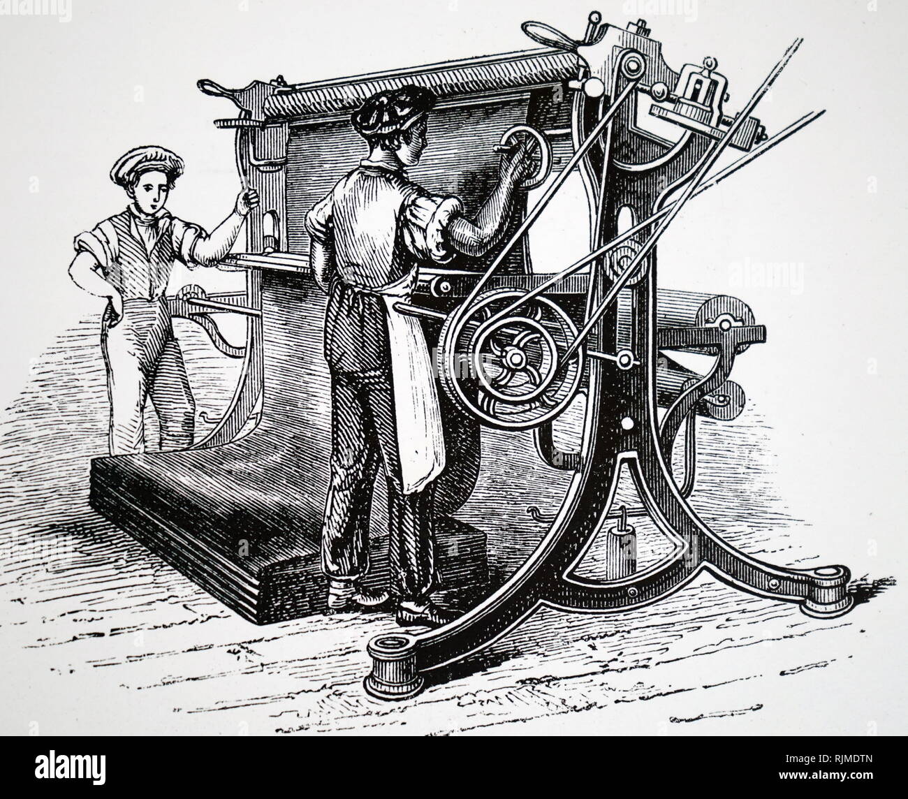 Illustration showing shearing woollen cloth with a machine called a broad-perpetual”: John Brooke & Sons, Armitage Bridge, near Huddersfield, Yorkshire. (c. 1845) Stock Photo